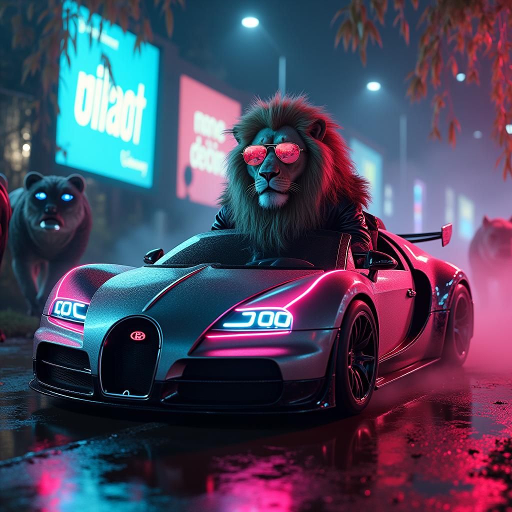 Cyberpunk Lion Drives Bugatti in Dystopian Zoo