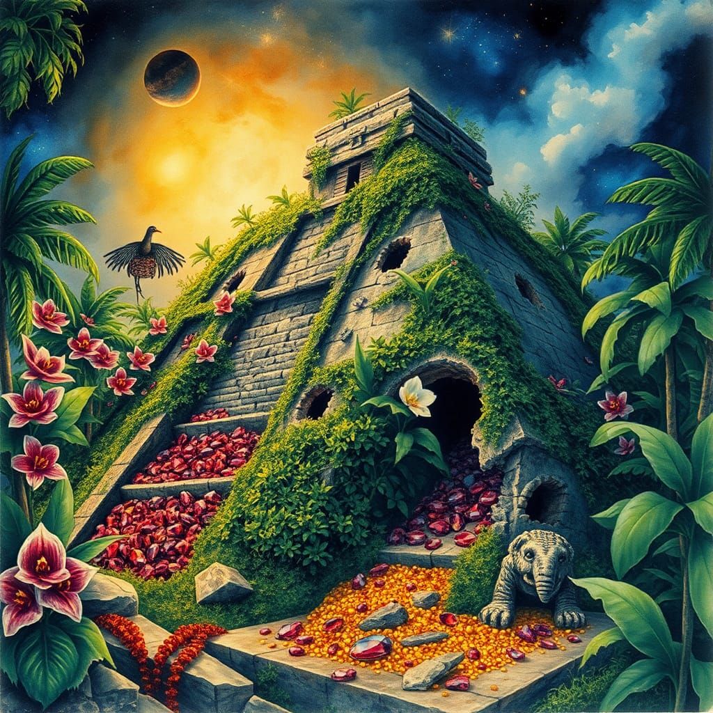 Jungle Pyramid Ruins with Gems in Watercolor