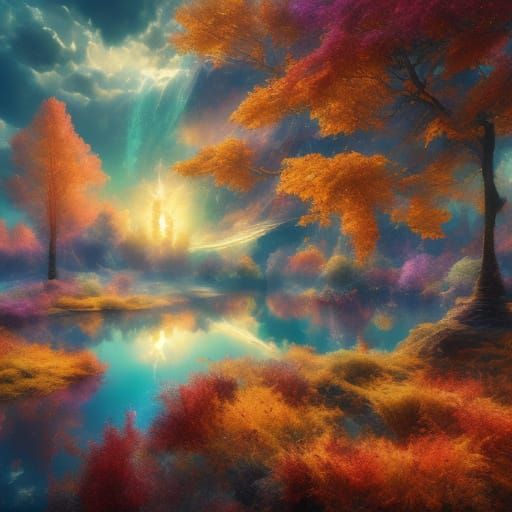 Surreal Autumn Lake Scene in Vibrant Colors