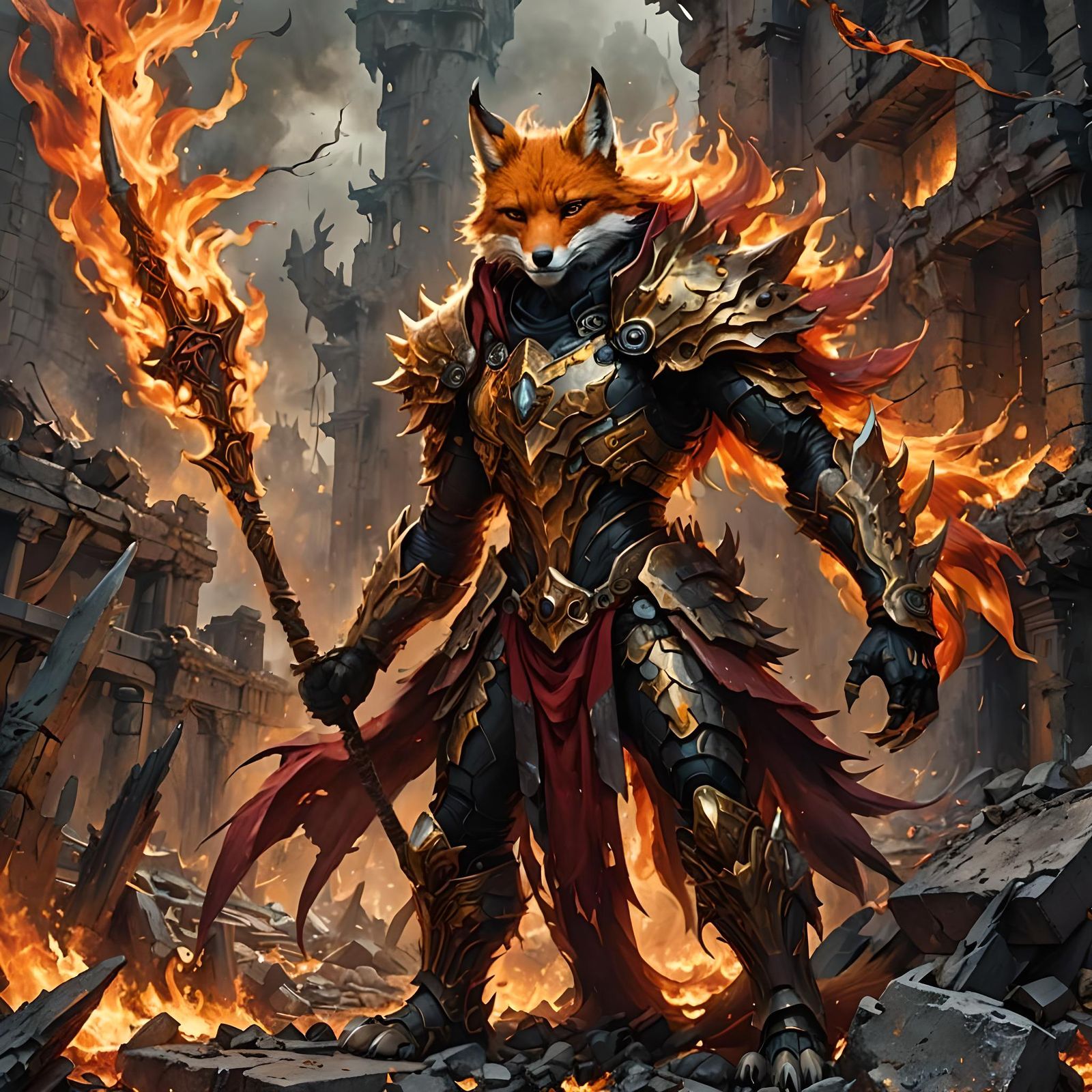 A dark, mythic landscape with crumbling ruins and jagged str...