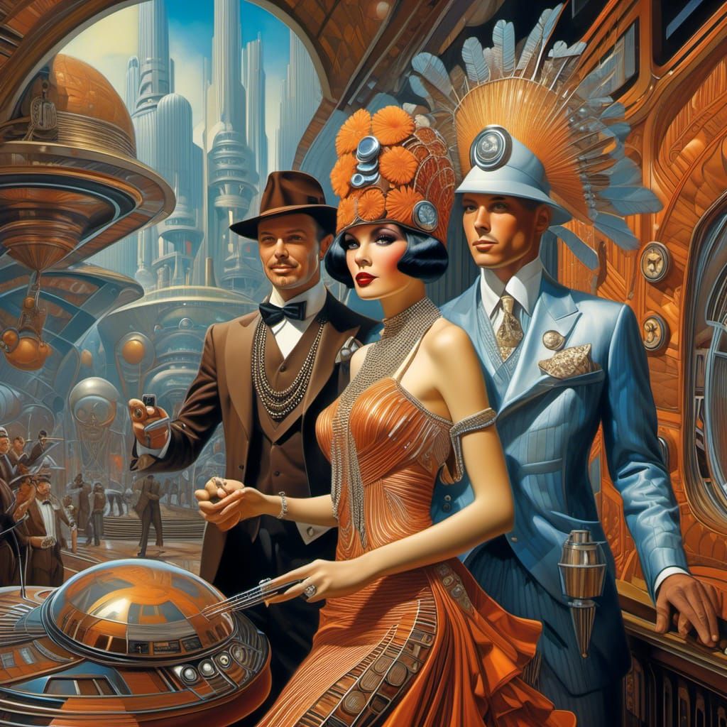 Retro-Futuristic Flapper and Hippie Dance in Surreal Style