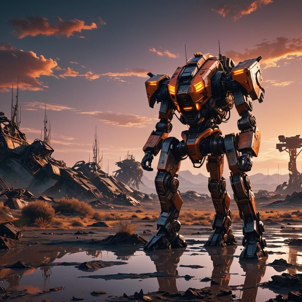 Futuristic Mech in Wasteland: Sci-Fi Concept Art