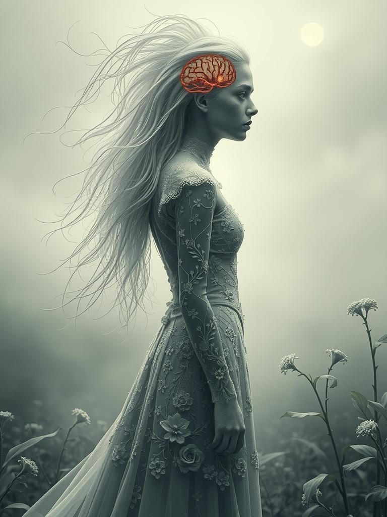 Monochrome Figure with Brain in Dreamscape