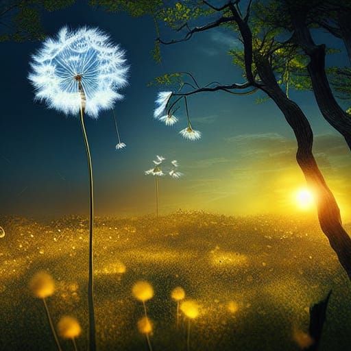 Glowing Dandelion Seed in Blue Forest Sunset