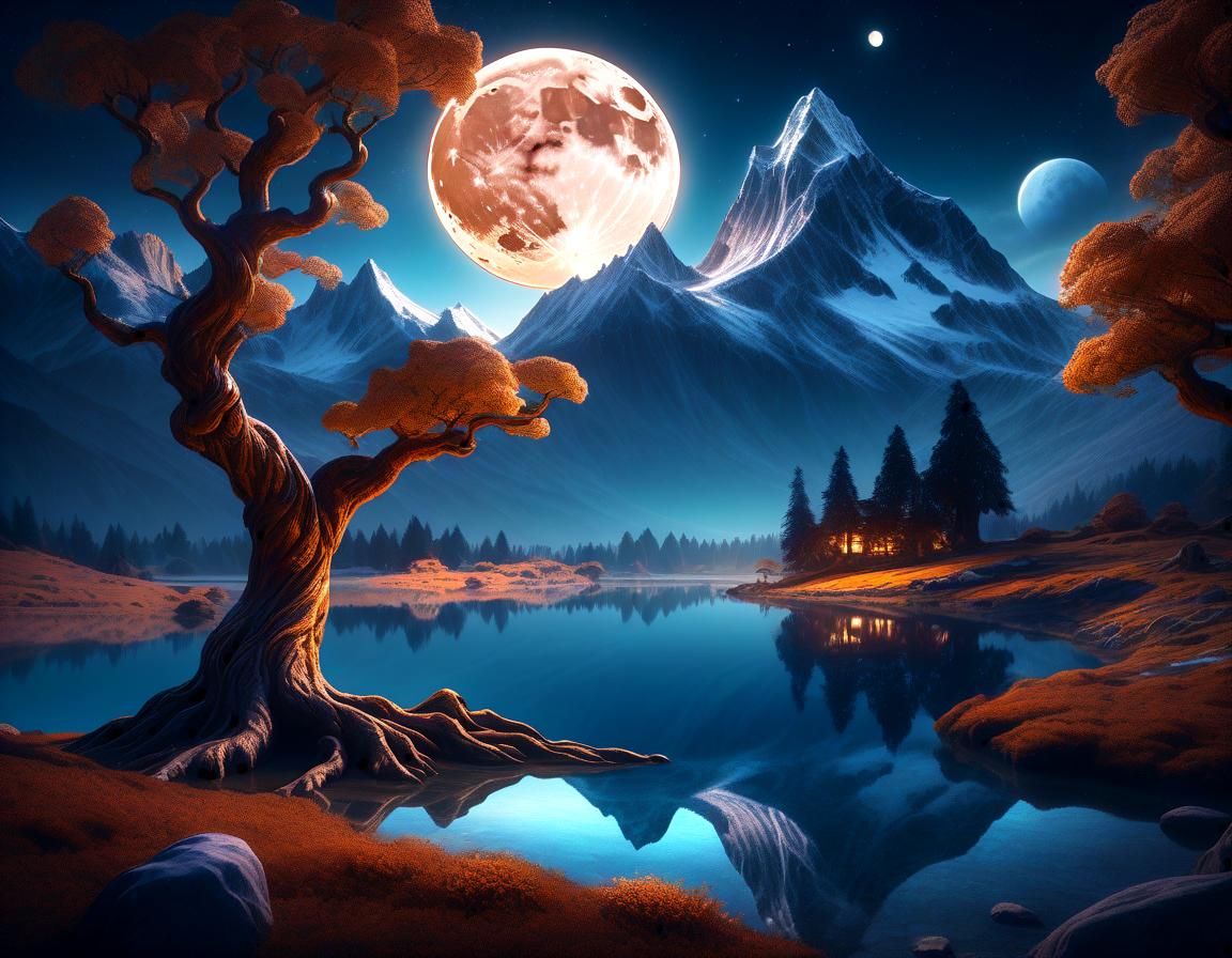 Mystical Moonlit Landscape with Twisted Tree