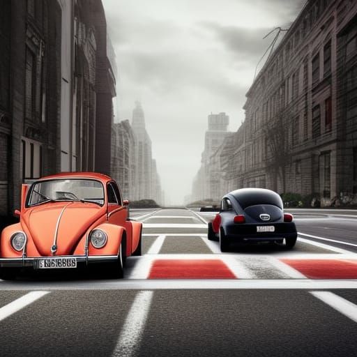 Volkswagen Beetle and Muscle Car in Cityscape