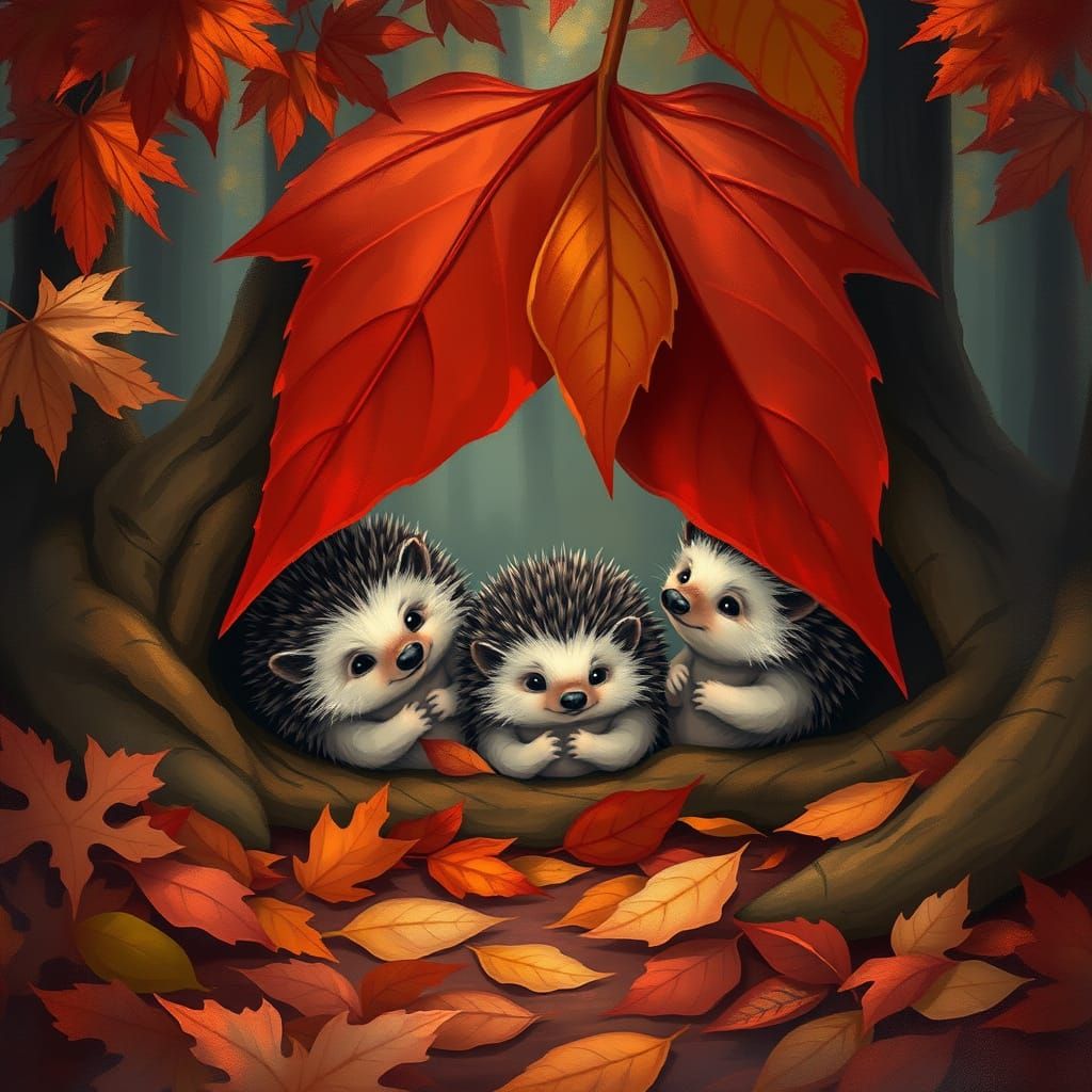 Cozy Hedgehogs in Autumn Forest, Painterly Style
