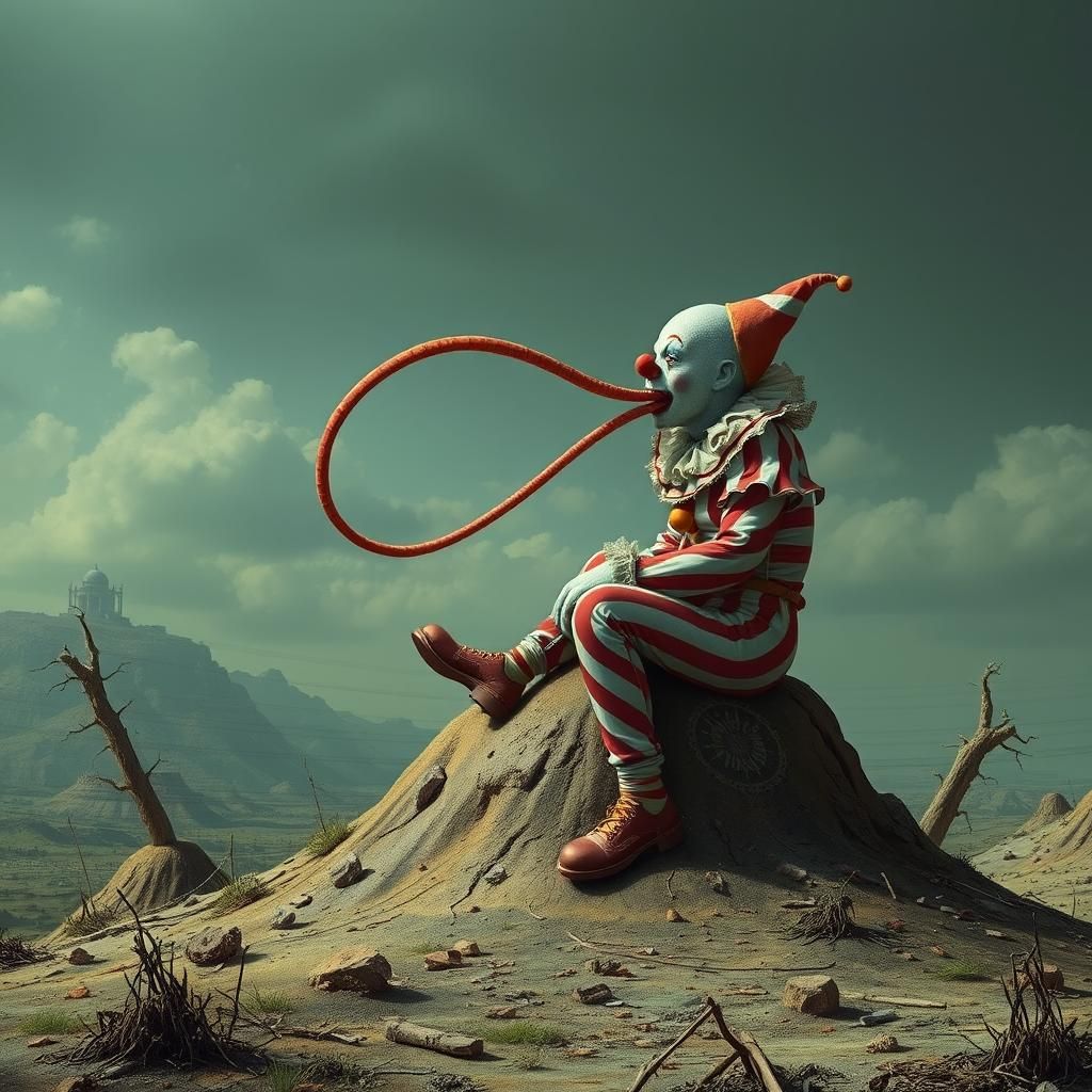 Clown with Caterpillar Tongue in Apocalyptic Scene