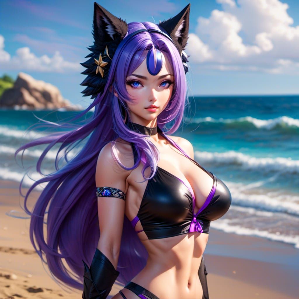 Woman with Wolf Ears on Beach in Neon Style