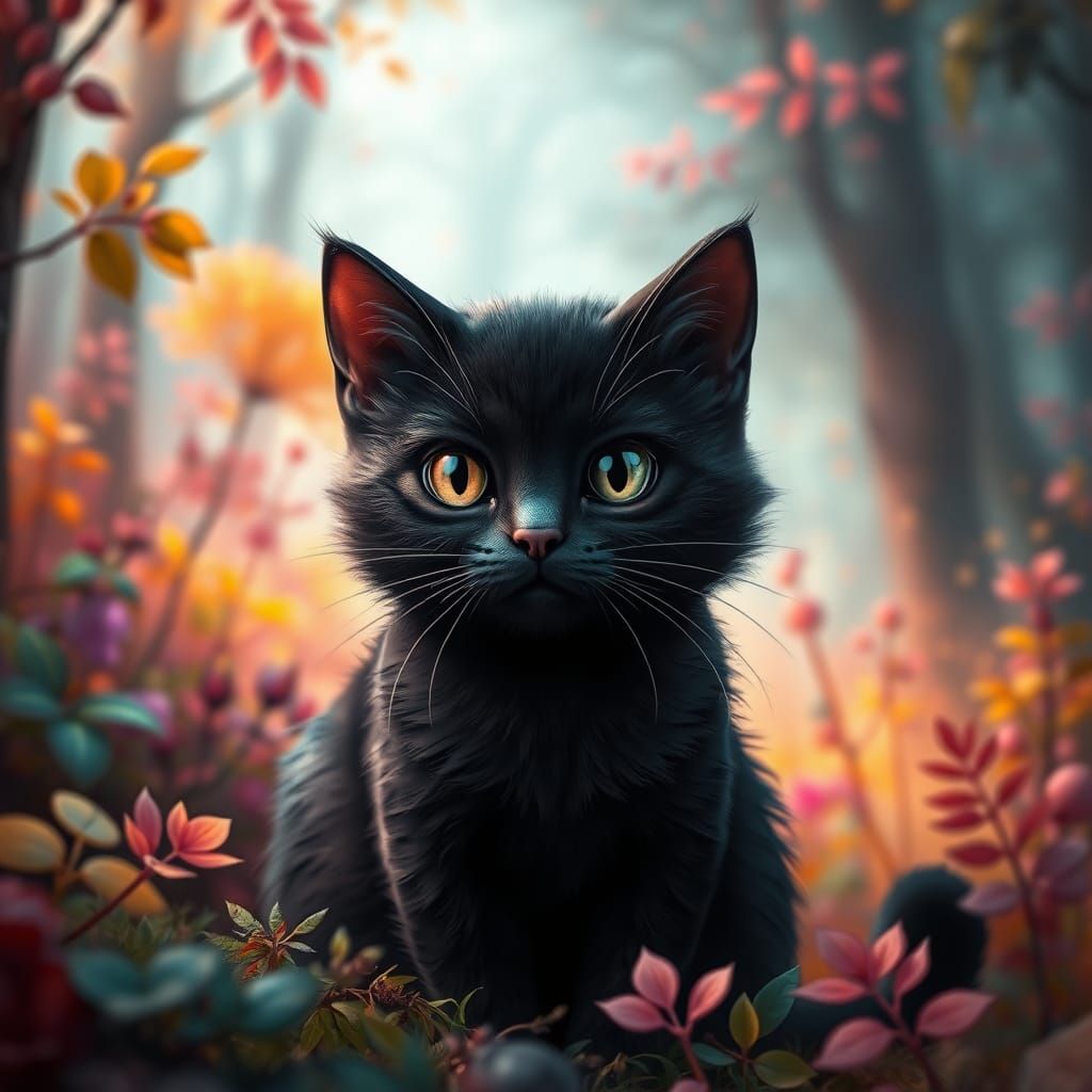 Surreal Feline Enchantment in Impressionistic Forest