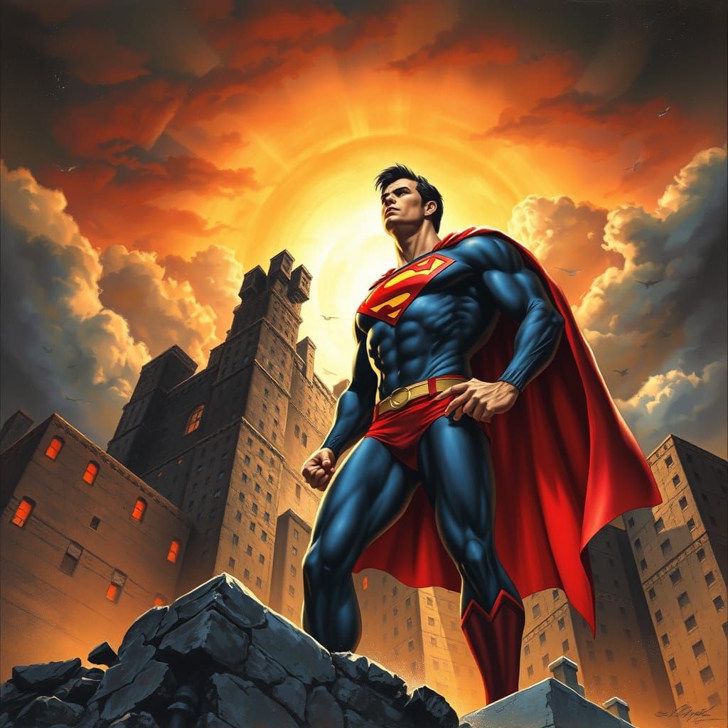 Superman in a Ruined Metropolis Under Dark Skies