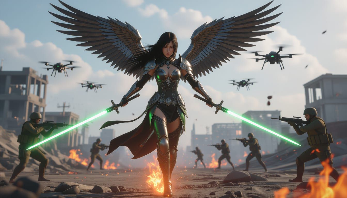 Asian Fighting Angel with Laser Blades in 3D