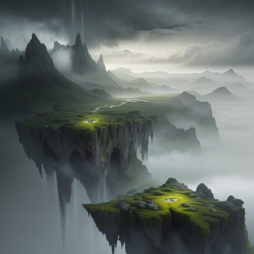 Floating Islands in Cloudy Sky with Waterfalls