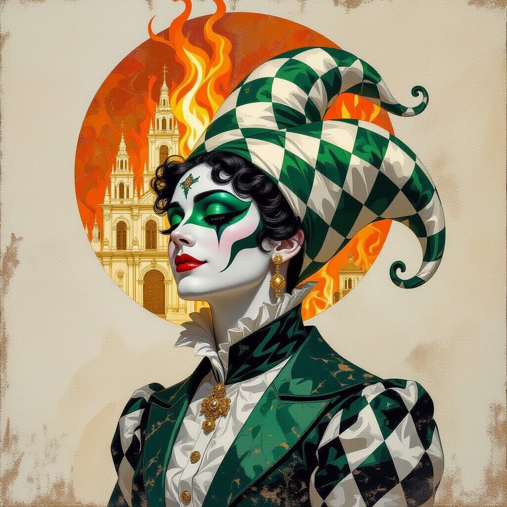 Harlequin Spirit in Burning Cathedral, Mexican Muralism Styl...