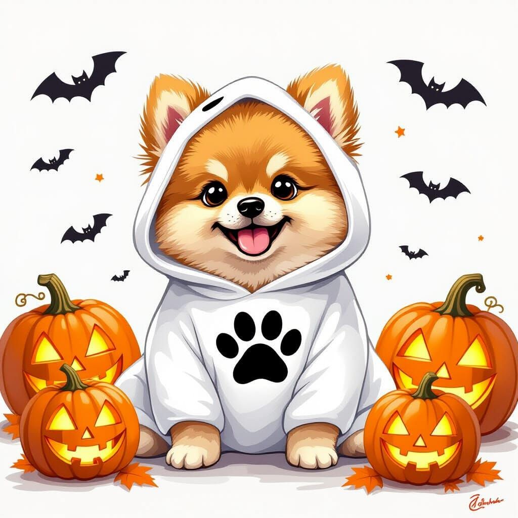 Happy Pomeranian Puppy in Ghost Costume, Hand-Drawn Style