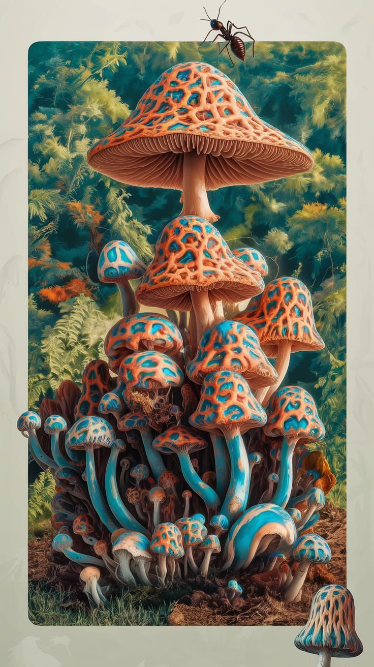 Psychedelic Magic Mushroom with Ant in Forest
