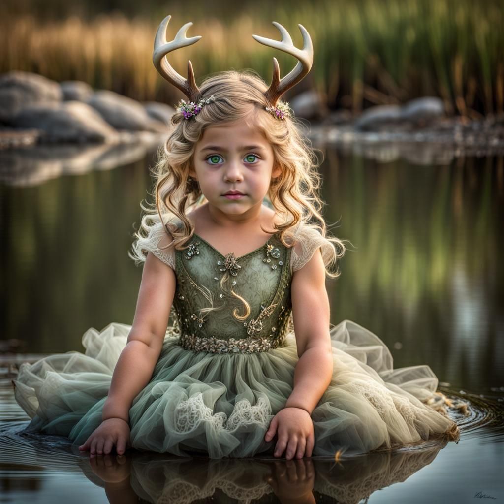Child with Antlers by Sparkling Pond
