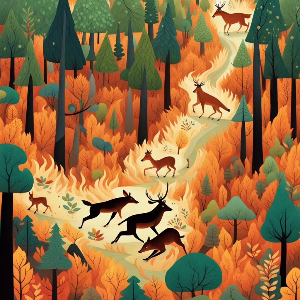 Animals Fleeing Forest Fire: Detailed Illustration
