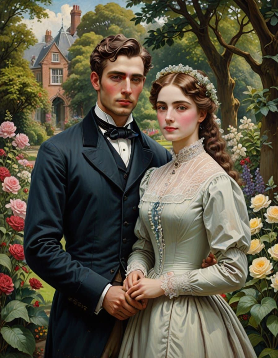 Victorian Couple in Garden, Oil Painting Portrait