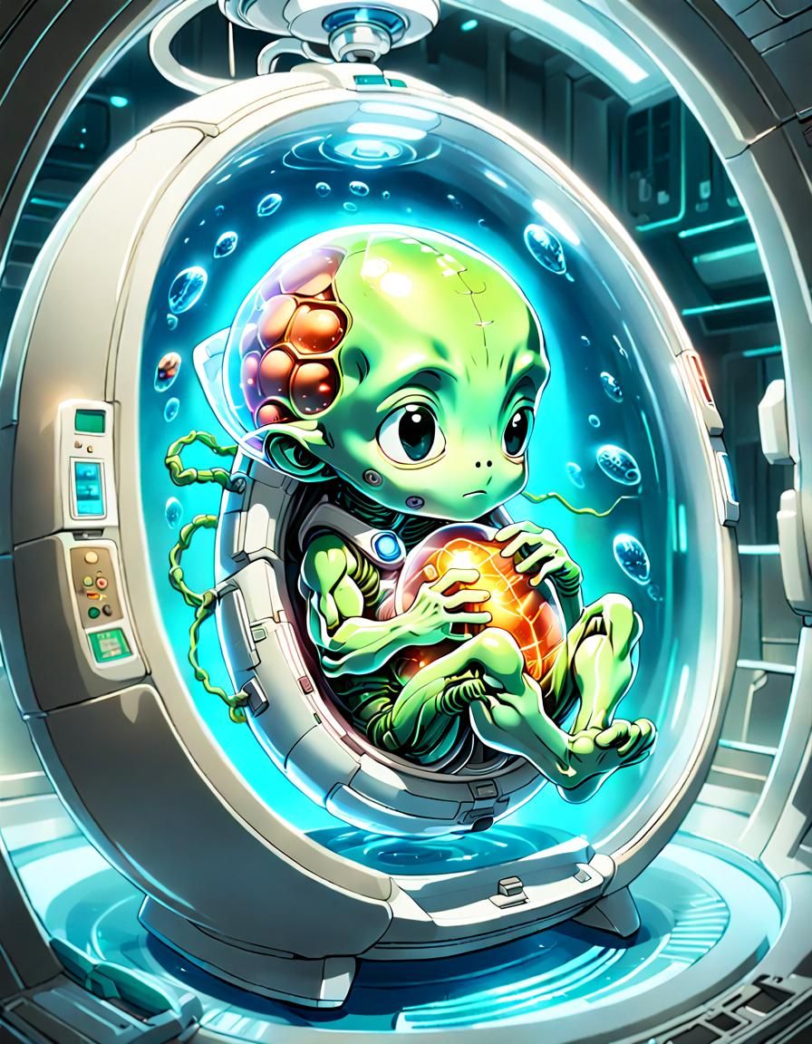 Detailed Alien Embryo in Artificial Womb: Anime Style