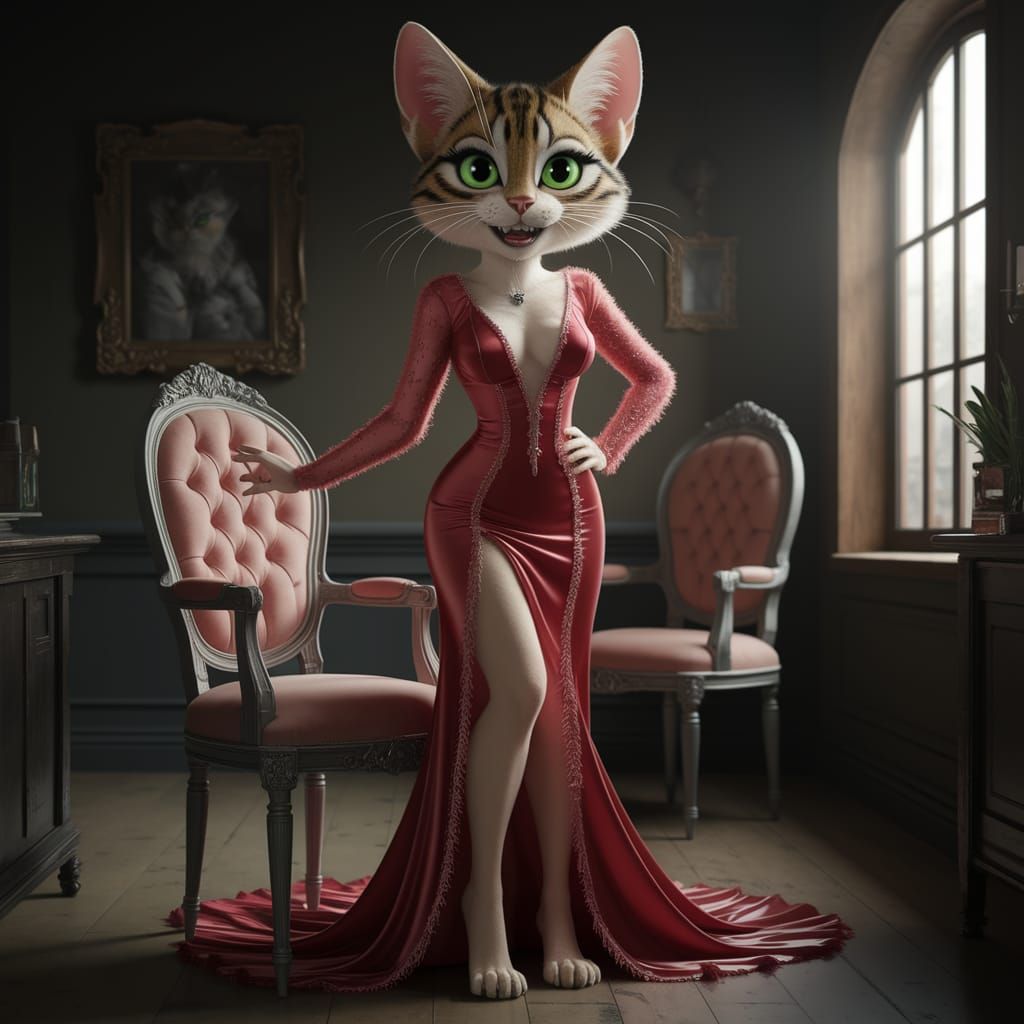 Sultry Crimson Cat Sits in Dimly Lit Room