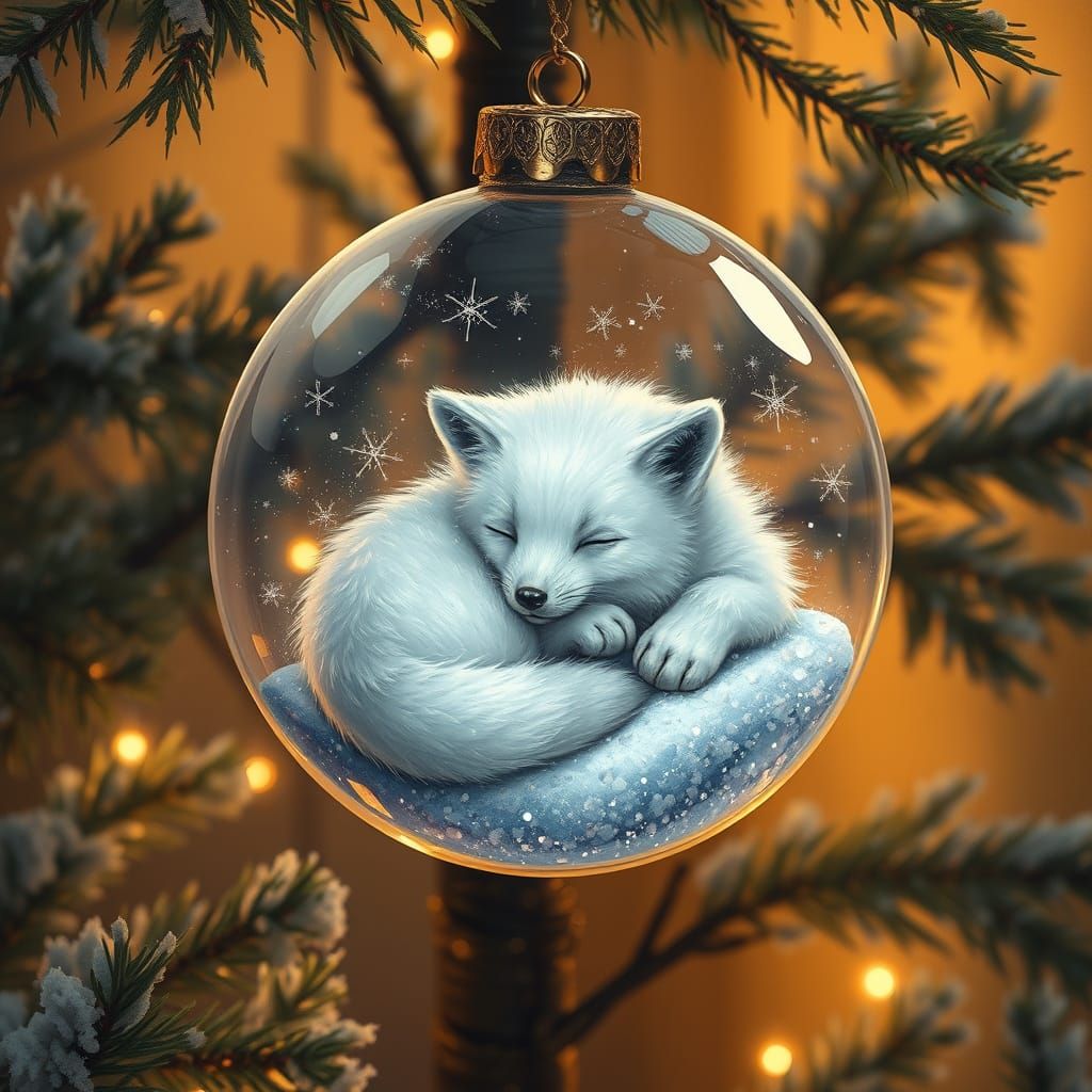 Arctic Fox Asleep in Christmas Ornament