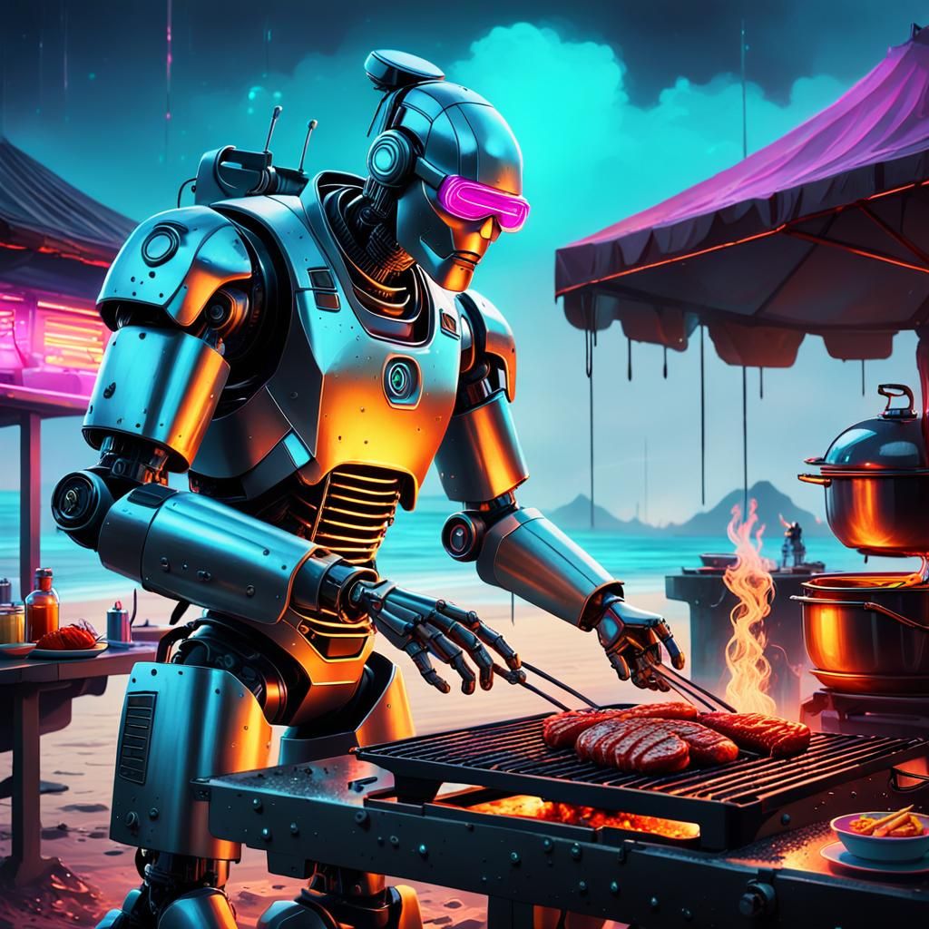 Robot Chef BBQ in Cyberpunk Neon Style