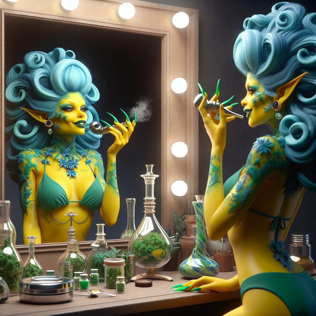 Woman with Blue Hair and Green Bikini at Vanity