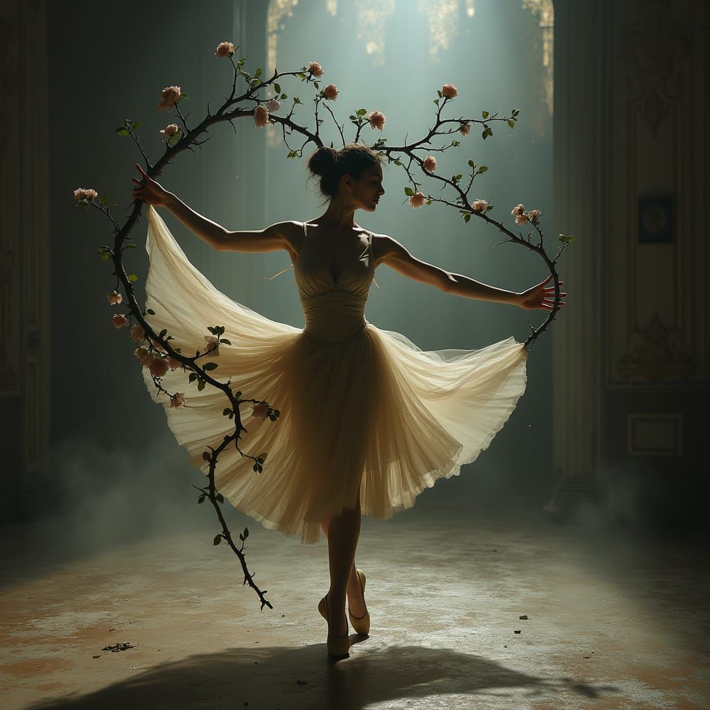 Gothic Dancer Transforms Amidst Thorny Roses in Moonlight Ba...