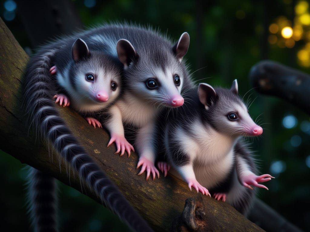 Virginia Opossum Mother with Joeys Foraging at Night