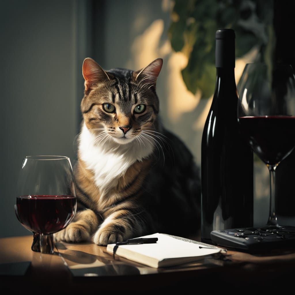 Cozy Still Life: Cat, Wine, and Computer in Golden Light