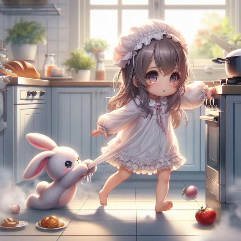 Mischievous Anime Girl Steals Food in Soft Pastel Art