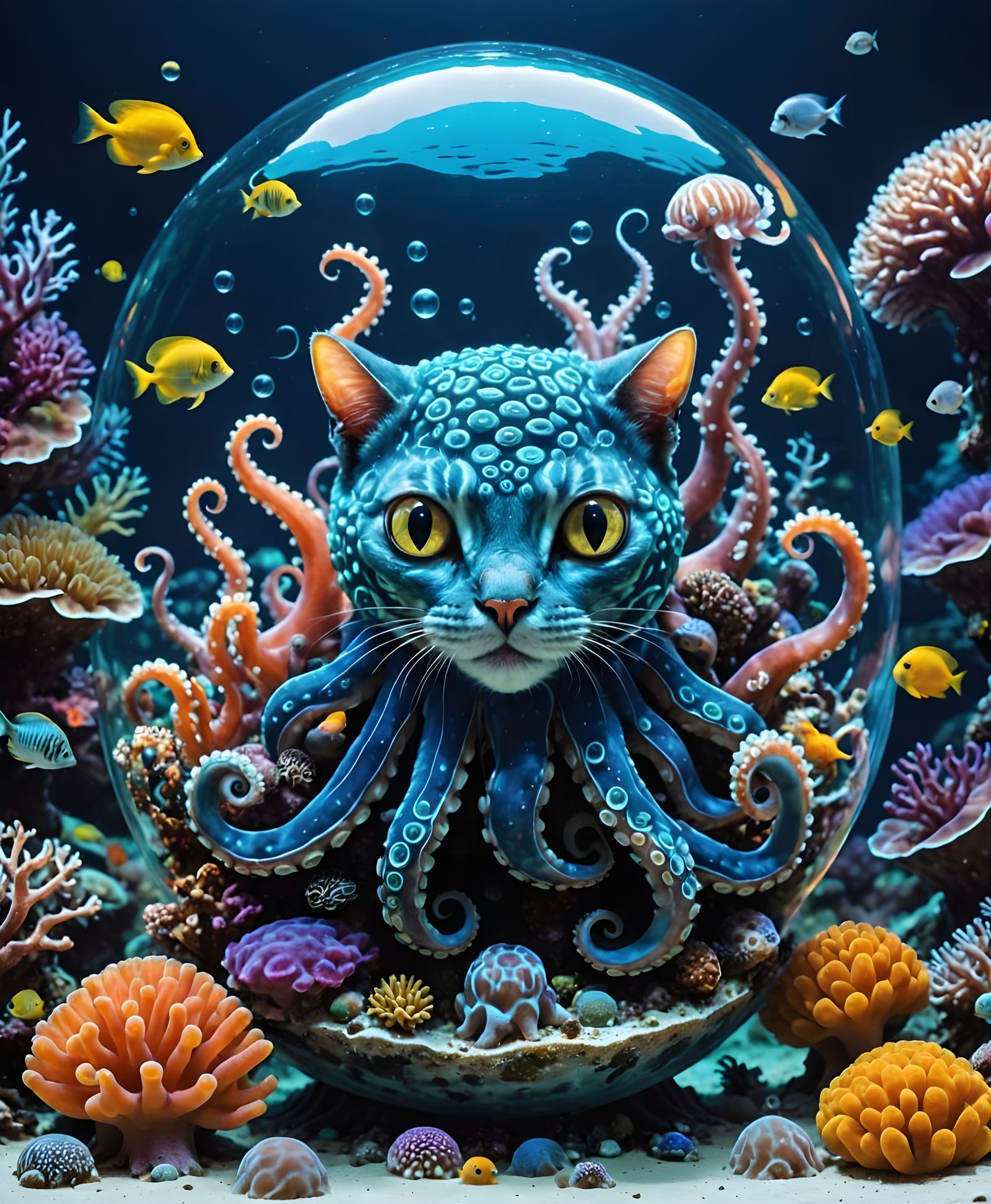 Mystical Octocat Cradles Glowing Orb Amidst Vibrant Coral Re...