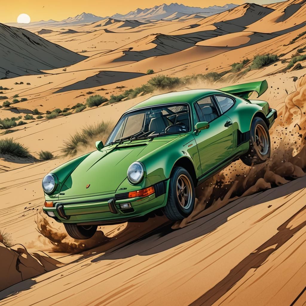Porsche 911 Jumps Over Dune in Comic Book Style