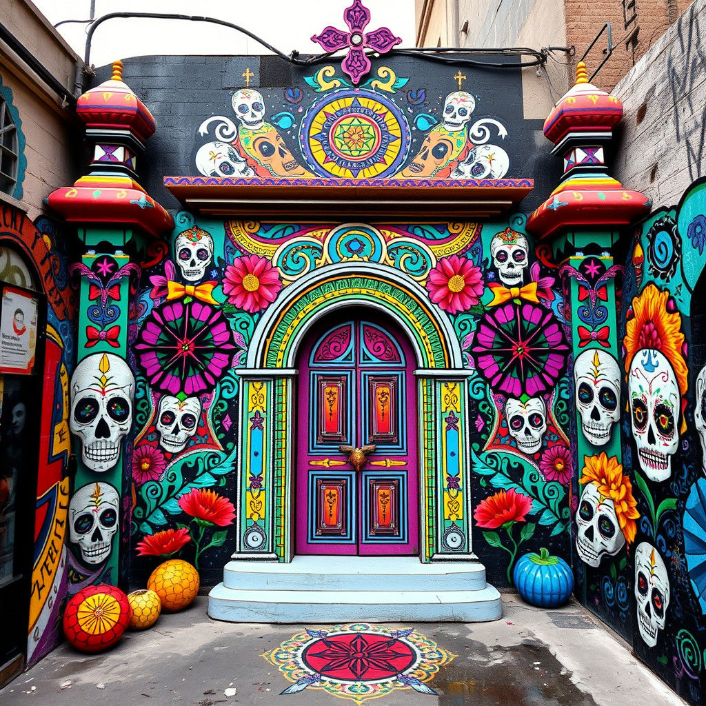 Dia de Muertos Street art sugar skull temple  Mathematical m...