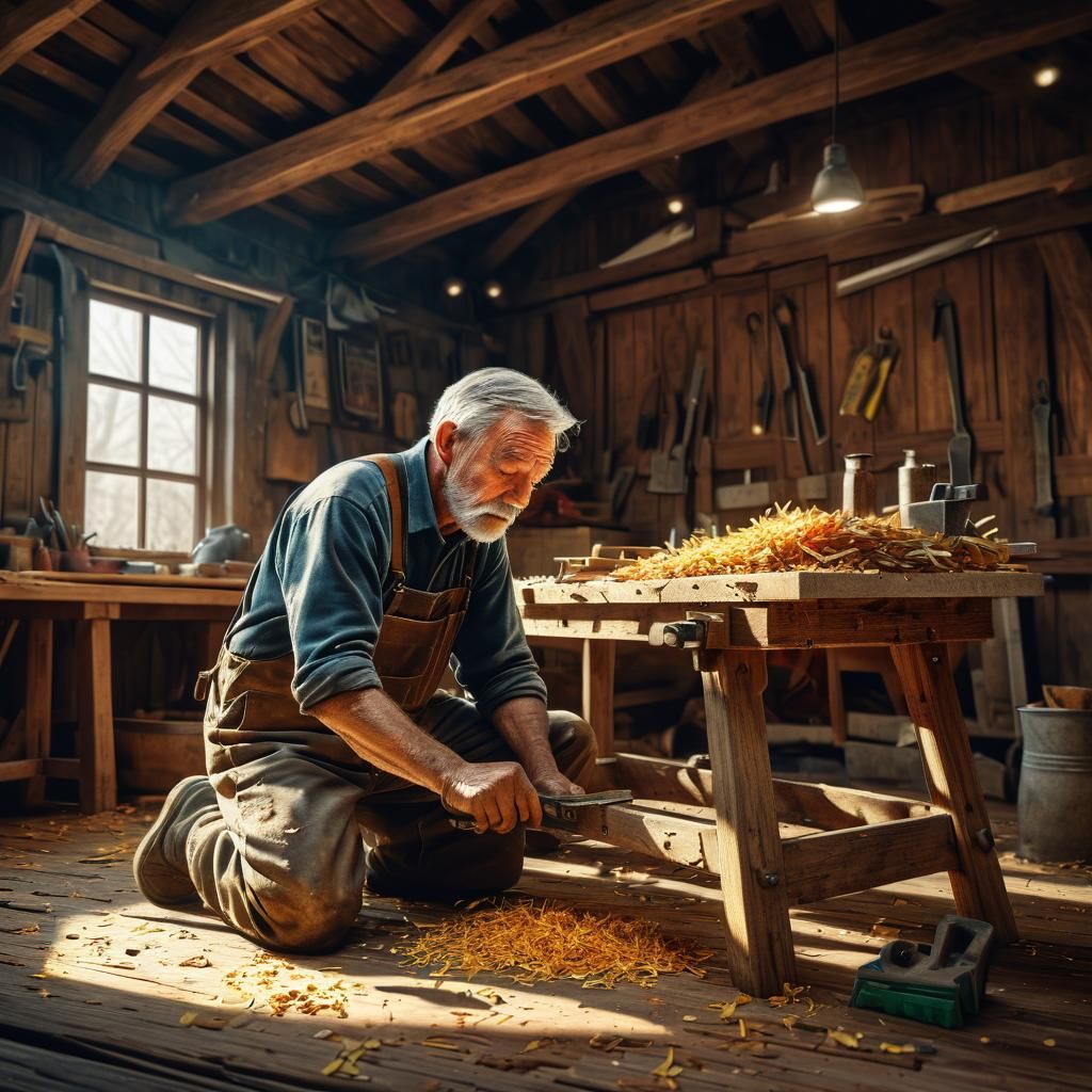 Rustic Carpenter at Work in Barn: Hyperrealistic Art