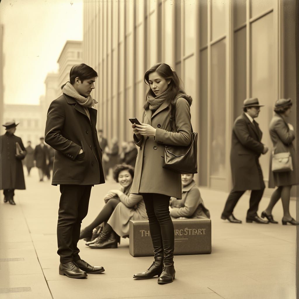 1910 Sepia Photo: Pair Holding Smartphone in Modern Setting