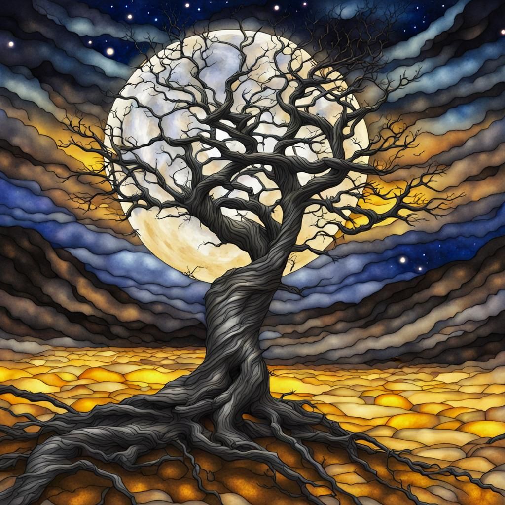 Stained Glass Crystal Tree Under Harvest Moon