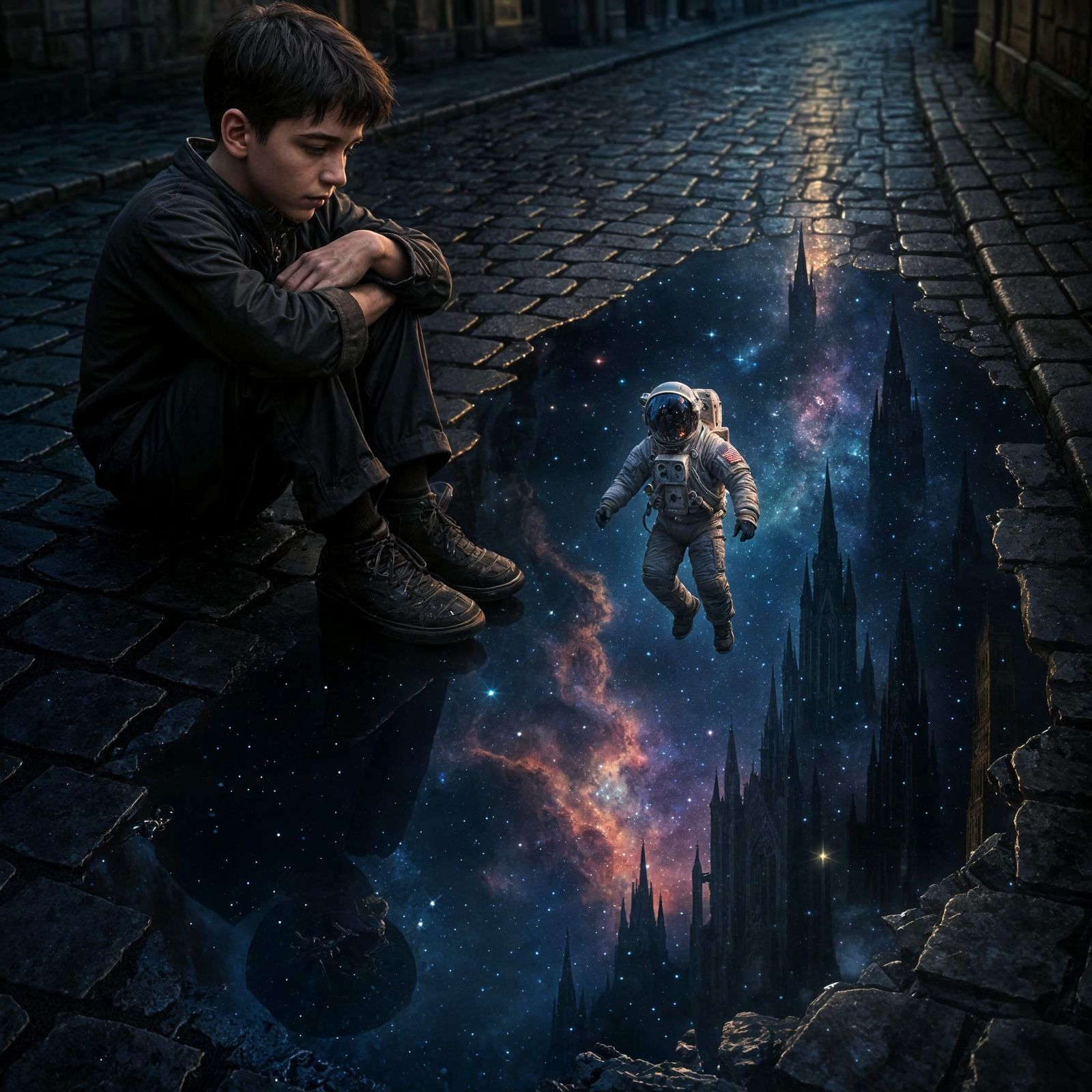 Boy, Astronaut, and Gothic Reflection in Space