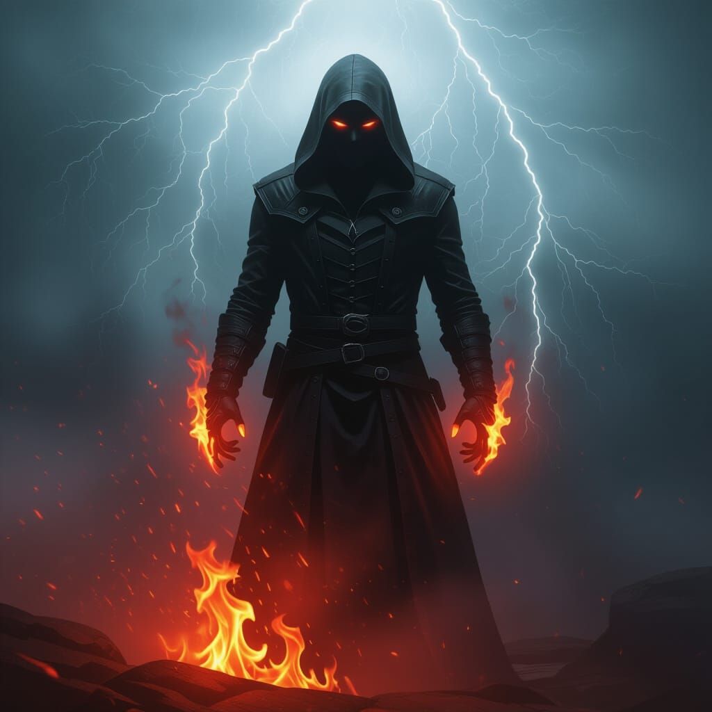 Dark Hooded Figure Amidst Fiery Shadows and Lightning