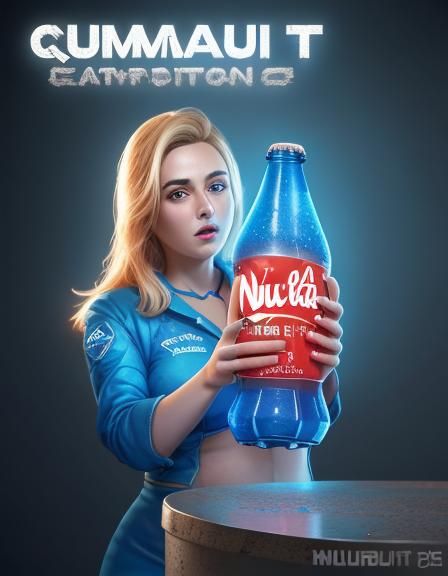 Nuka Cola Quantum ad, glowing blue bottle, ultra realistic, fine detail, 8k resolution, curvy