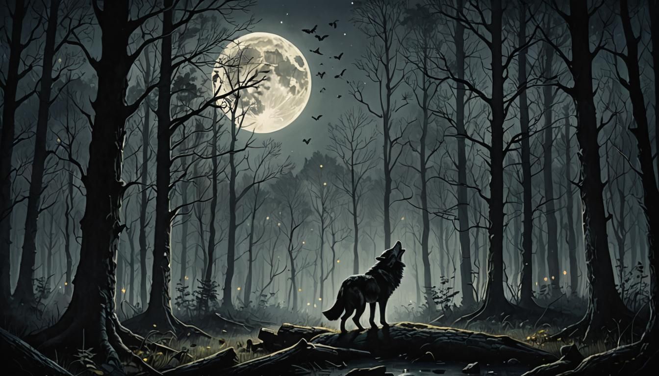 Dark woods, lone wolf howling at a full moon
