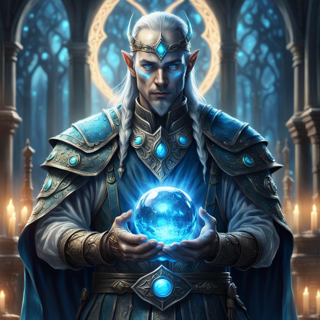 Elven Priest with Glowing Orb in Hyperrealistic Style