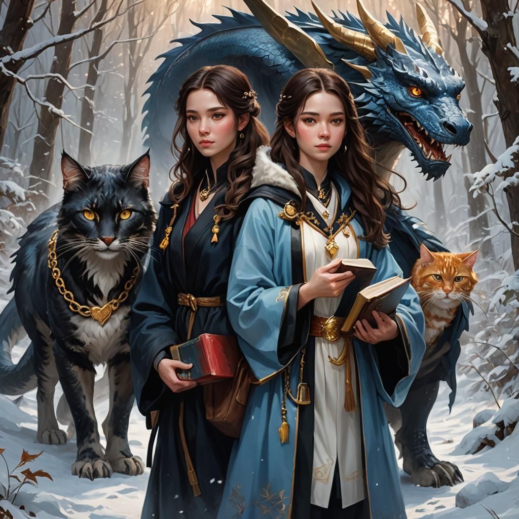 Fantasy Girl with Dragon in Snowy Forest