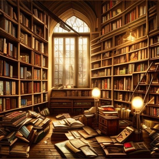 Steampunk Book Shop Interior with Tiffany Lamps