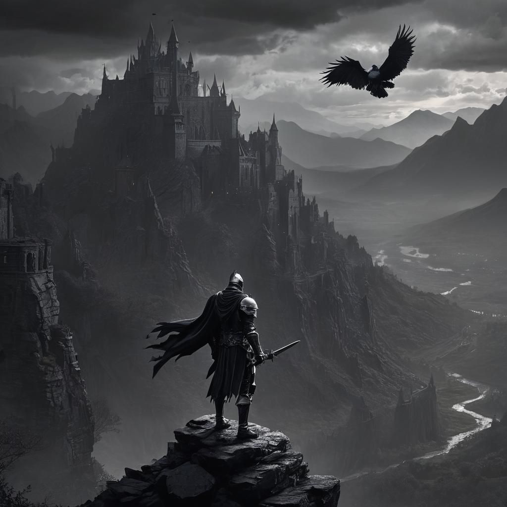 Solemn Knight Stands Vigilant Amidst Dark Landscape