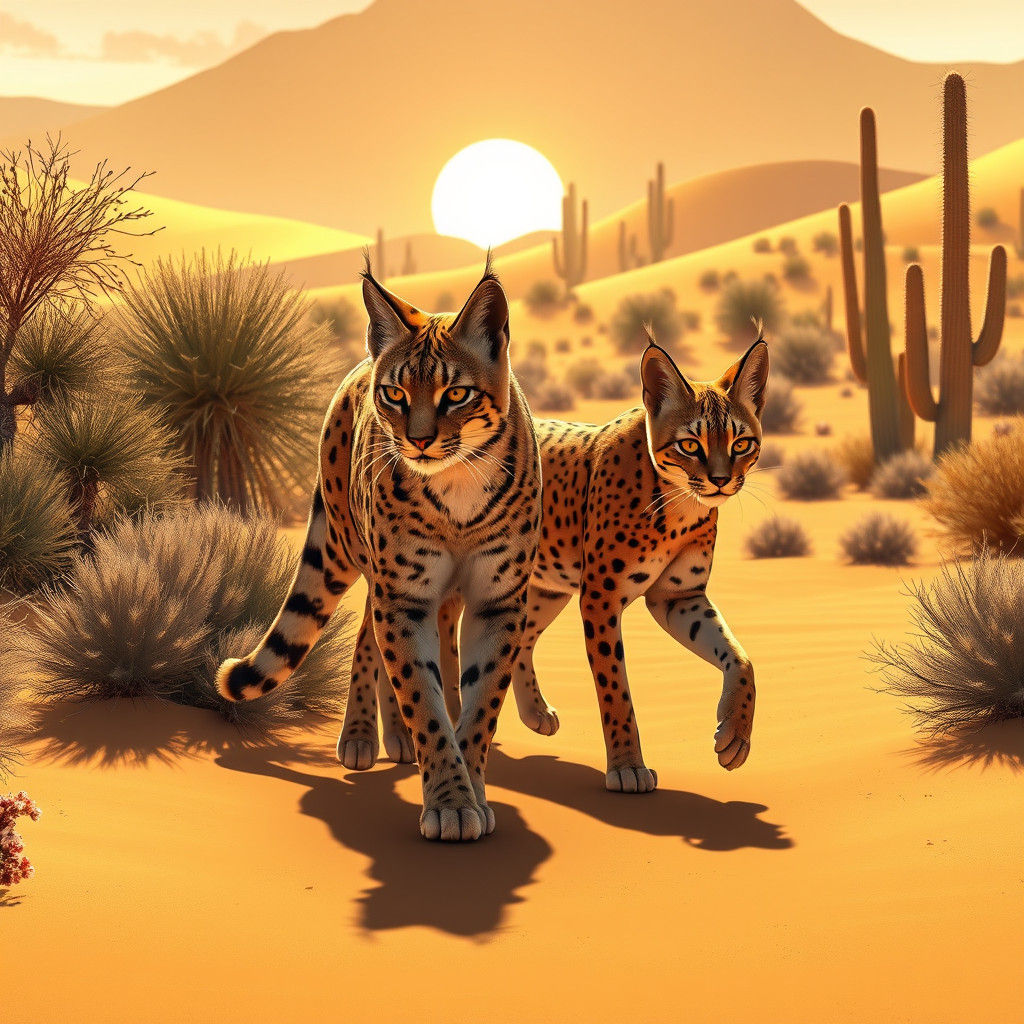 Bobcat and Caracal in Desert, 3D Anime Art
