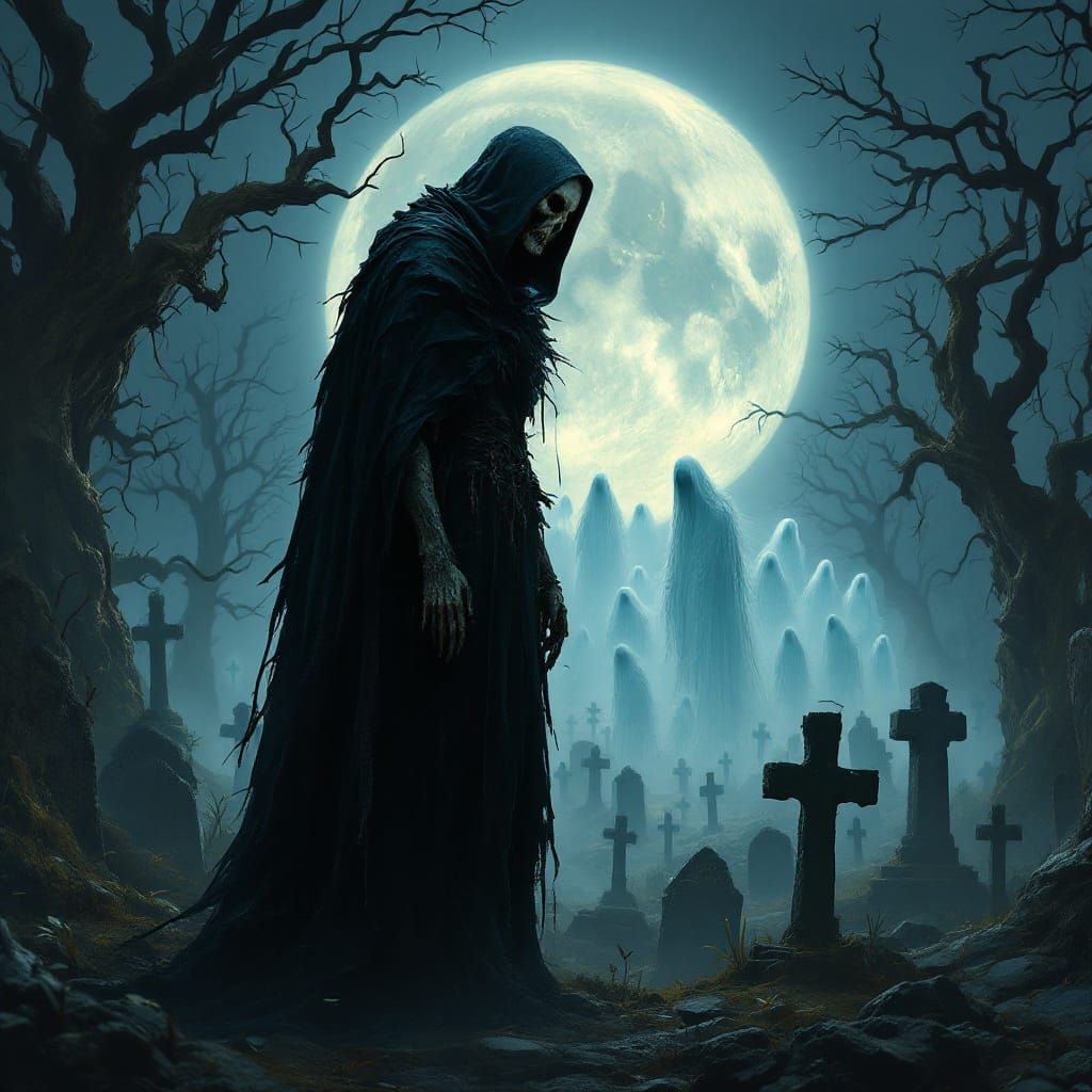 Grim Reaper in Cemetery Watching Rising Souls