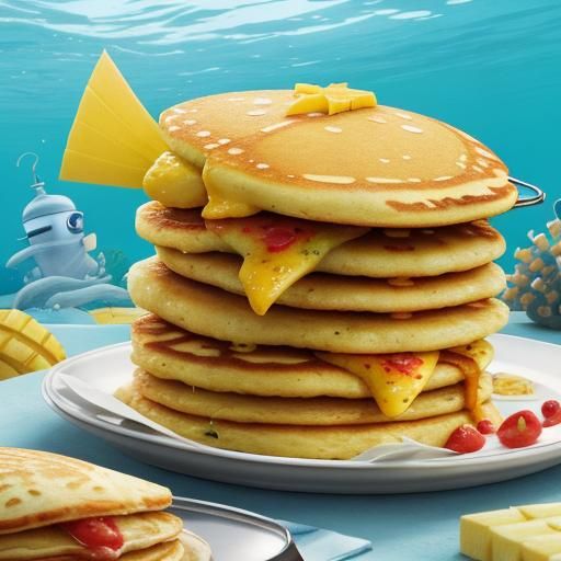 In Bikini Bottom, a sight to behold,
SpongeBob with spatula, a story unfolds.
Pancakes he flips, with a joyous cry,
Gold...