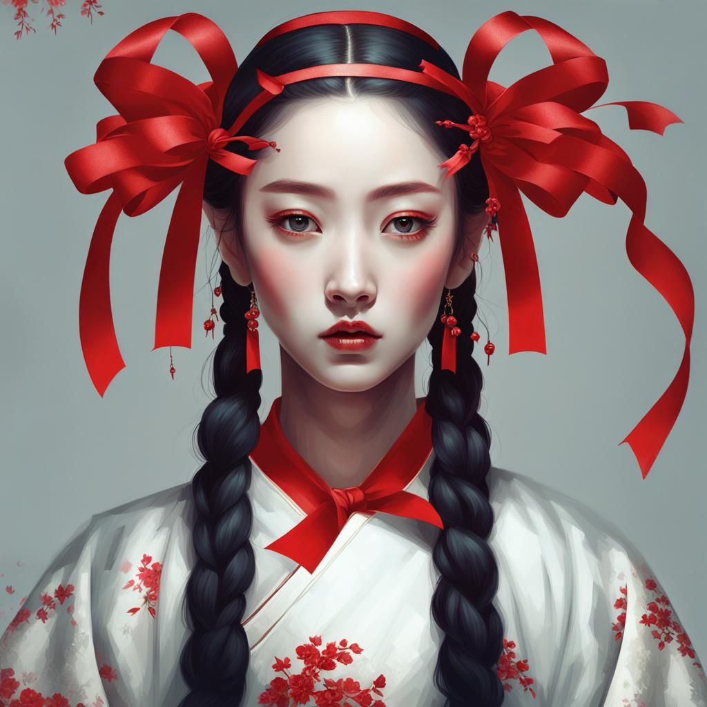 Woman with Red Ribbons in Japanese Popsurrealism Style